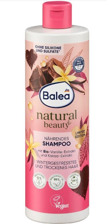 Balea natural beauty šampūns ar organisko vaniļas ekstraktu un kakako sviestu, sausiem matiem, 400 ml
